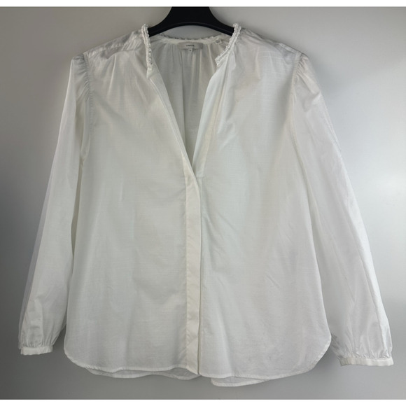 Vince Women's Braid Trim Band Collar Blouse White Button up Top Deep V-Neck XL - Picture 15 of 16
